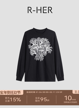 R-HER“涡旋艺术”黑白绳结印花休闲慵懒风时尚百搭上衣RP5NT5314