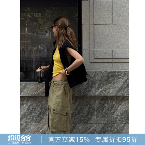 RHER STUDIO“口袋中裤”春夏简约多口袋宽松显瘦阔腿工装中裤K23