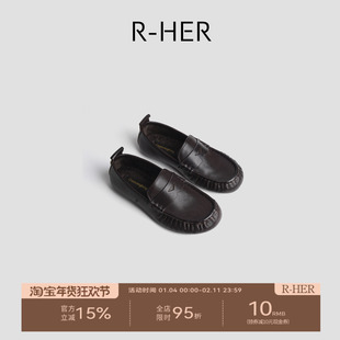 R-HER“梧桐巷”秋冬牛皮低跟圆头做旧气质复古时尚港风乐福鞋