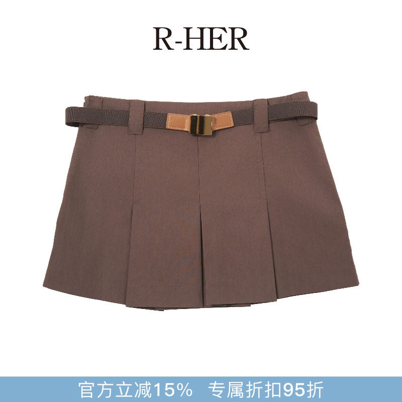 R-HER【可可压褶】夏季新款纯欲慵懒风女装高腰时尚气质咖色短裙
