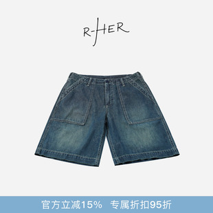 RHER STUDIO“阔袋靛蓝”夏季潮牌宽松休闲五分中裤牛仔短裤K2598