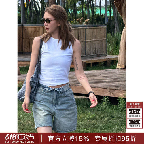 RHER STUDIO“做旧蓝短牛”夏季新款高腰显瘦百搭宽松牛仔短裤K72