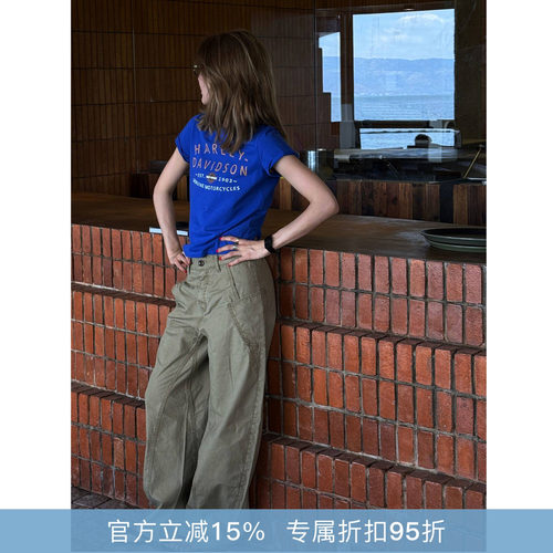 RHER STUDIO“复古宝蓝T”夏季美式街头印花短袖T恤百搭显瘦T0003