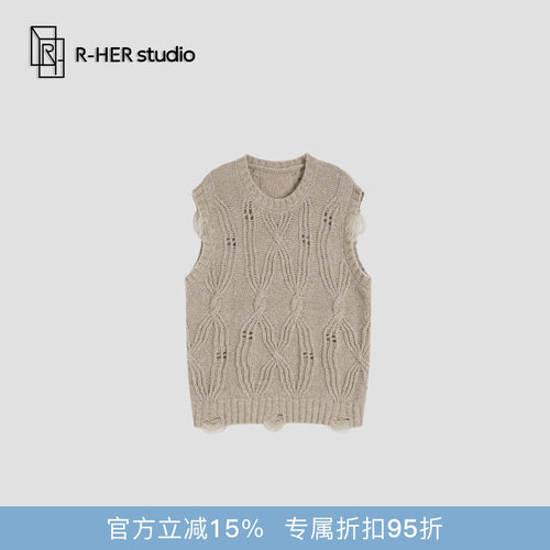 R-HER“柏林雾笛”秋冬套头蕾丝圆领针织镂空设计百搭针织衫S215Z