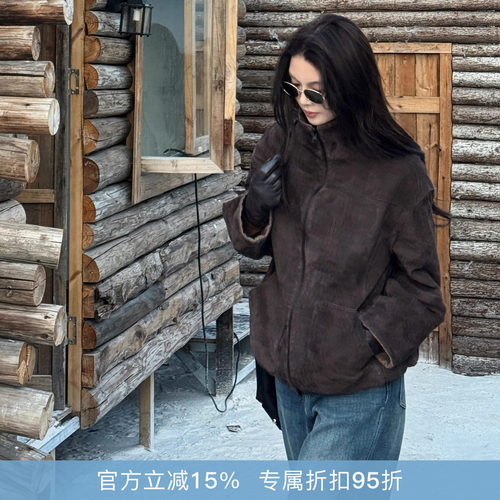 R-HER“码头晨雾”时尚羊皮革休闲保暖短款翻领皮衣夹克RW5NC5105