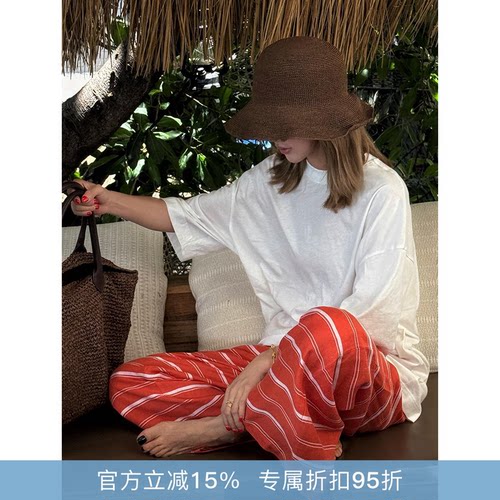 RHER STUDIO“海风橙条”夏季新款宽松百搭显瘦条纹休闲裤K2067