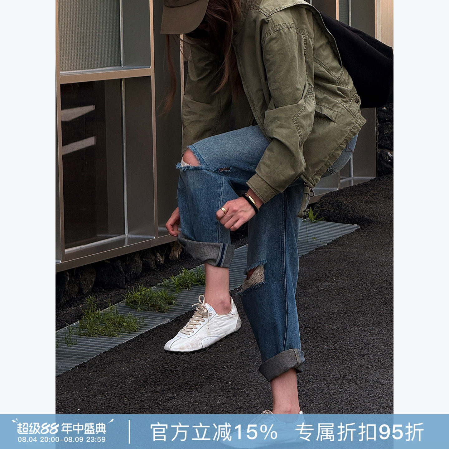 RHER STUDIO"膝畔碎痕"复古水洗做旧破洞直筒牛仔裤休闲长裤K1725