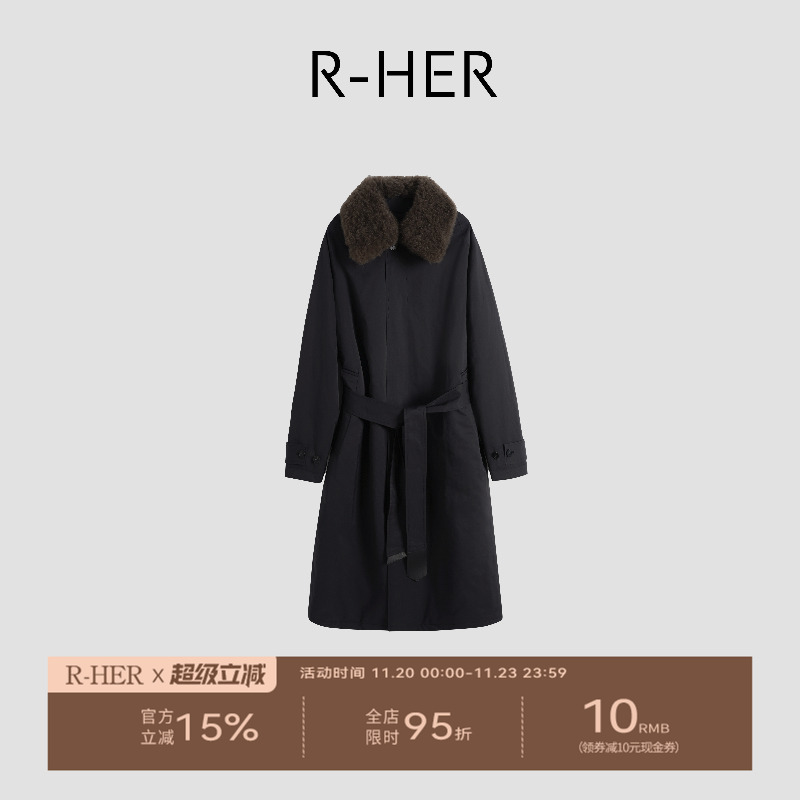 R-HER“松弛步调”毛领黑色厚款休闲宽松时尚拼接派克服RW5NC3415