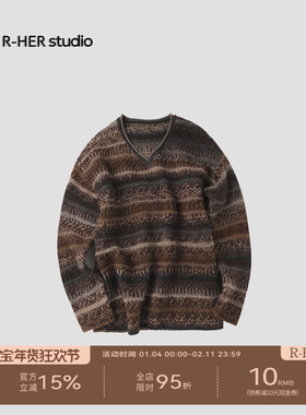 R-HER“费尔岛”设计师复古绵羊毛提花费尔岛拼接V领针织毛衣S251