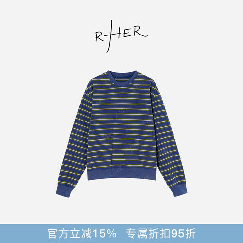 R-HER“日式条纹”春秋蓝色条纹廓形拼接时尚休闲经典圆领长袖