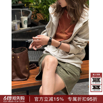 RHER STUDIO“工装口袋”新款宽松显瘦毛边牛仔短裤女夏外穿K2474