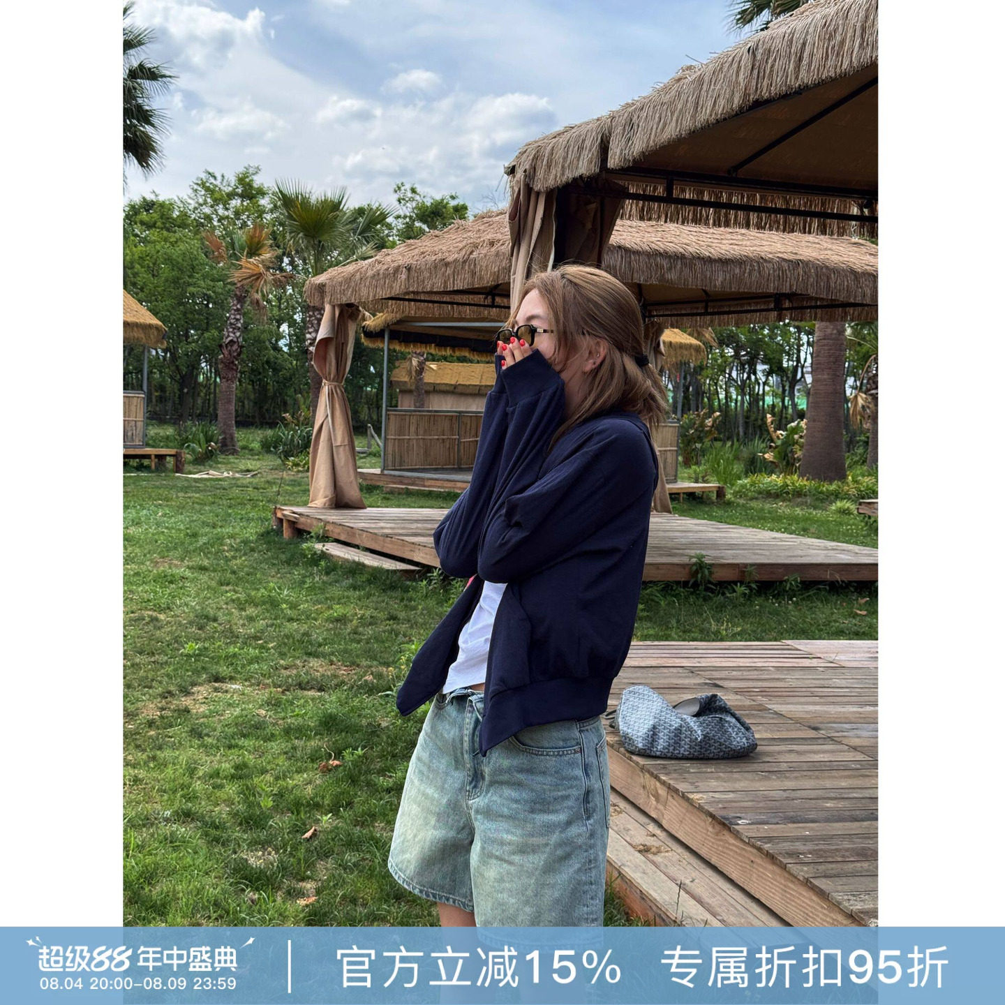 RHER STUDIO“纯棉帽衫”夏季宽松百搭连帽拉链短款卫衣外套W0247