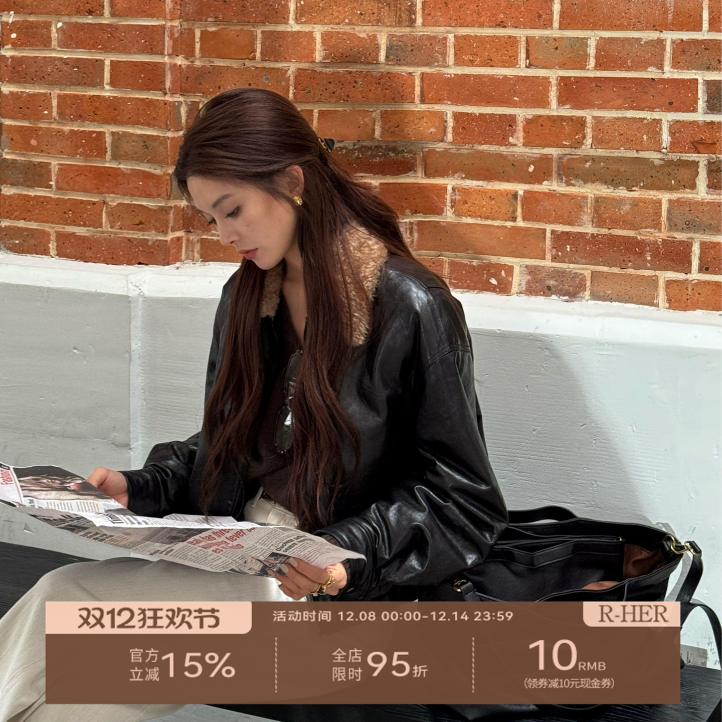 R-HER【复黑皮夹】设计师羊皮短外套显瘦机车夹克90鹅绒服RW50CY2