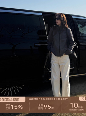 R-HER“暖暖白牛”直筒裤宽松女潮流加绒款白色牛仔裤RP5NKN816