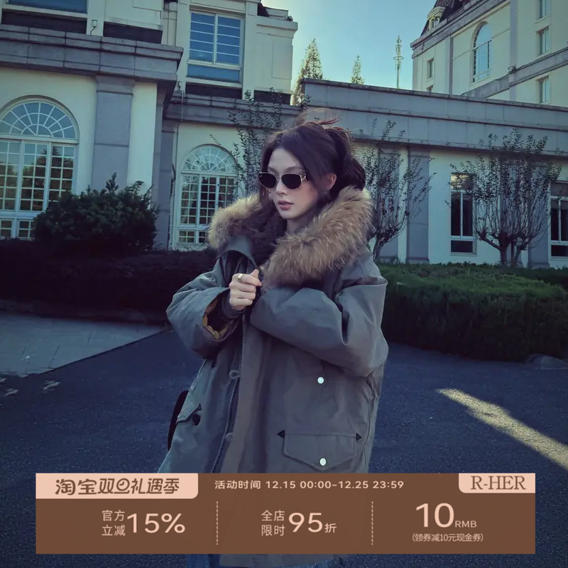 R-HER【连帽派克】于Moli 冬季连帽宽松中长款90白鸭绒羽绒派克服