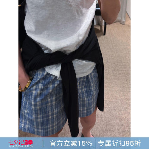 RHER STUDIO“海盐蓝格”复古格子女夏季舒适短裤K782A
