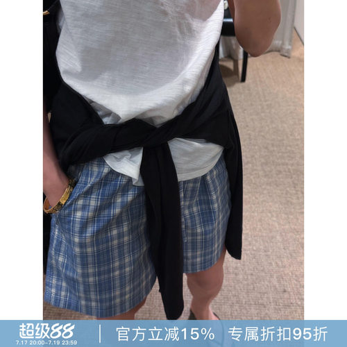 RHER STUDIO“海盐蓝格”复古格子女夏季舒适短裤K782A