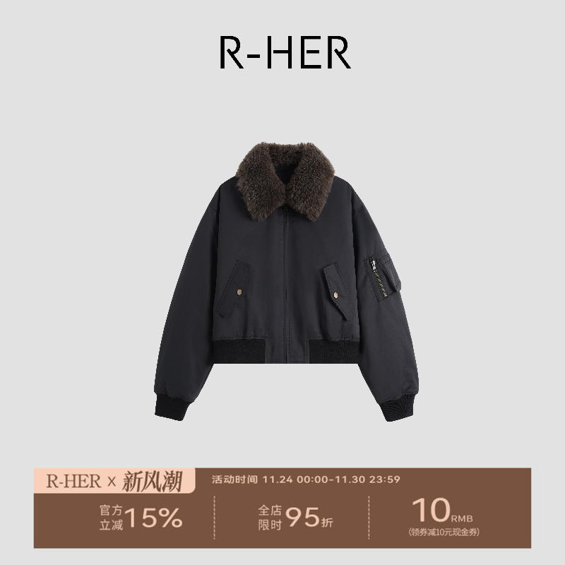 R-HER“老钱新贵”山羊绒翻领时尚短款加厚派克服RW5NC6679