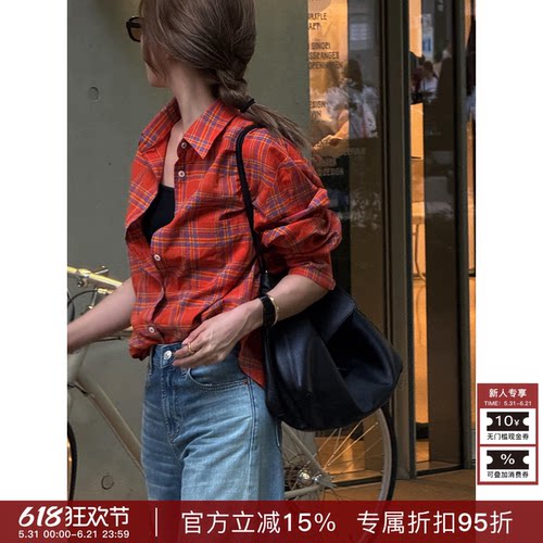 RHER STUDIO复古洗水100色织棉对格工艺美式宽松长袖衬衫CS004