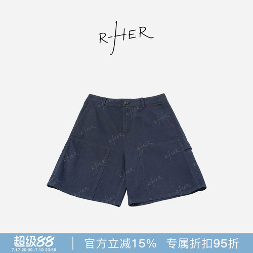 RHER STUDIO“美式工装短裤”棉麻夏季高腰显瘦宽松口袋短裤K6022