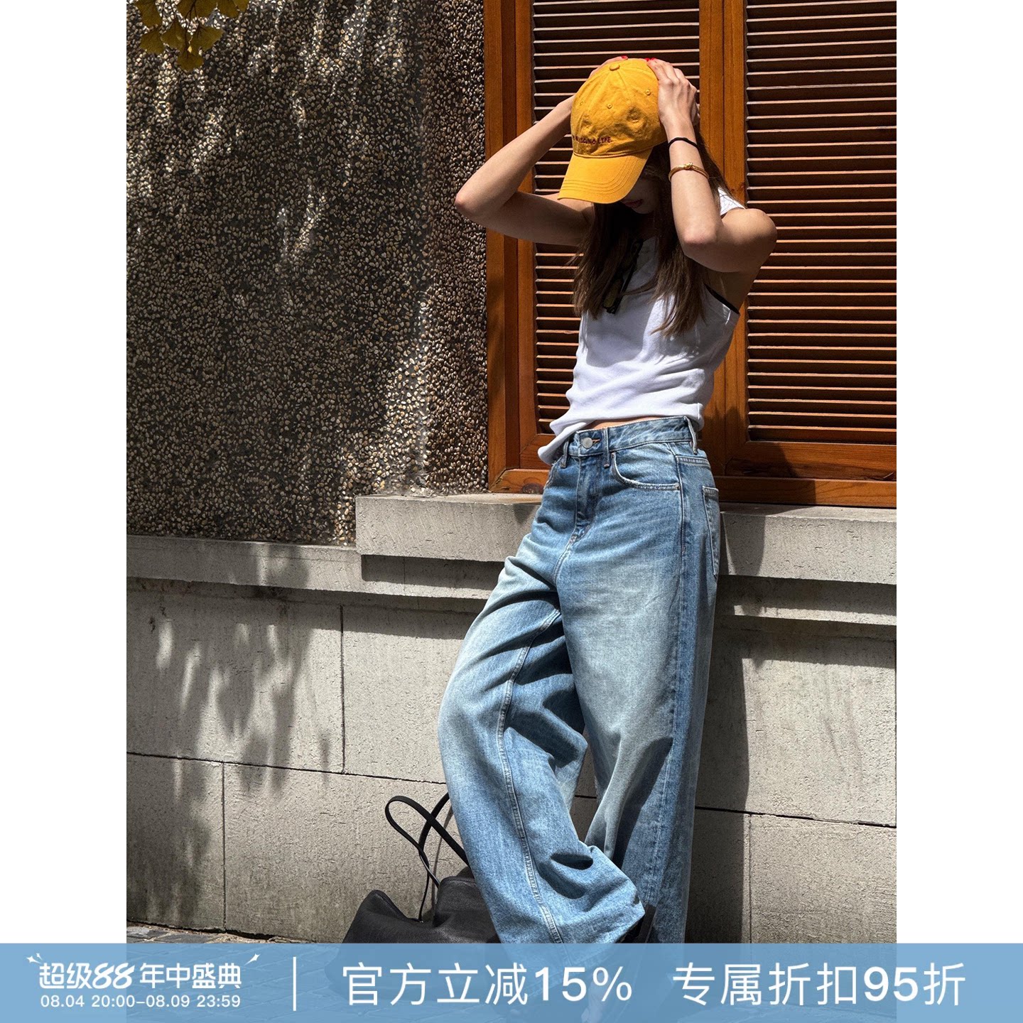 RHER STUDIO“纯棉蓝牛”夏季复古高腰显瘦做旧阔腿牛仔裤K0109