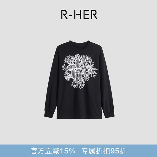 R-HER“涡旋艺术”黑白绳结印花休闲慵懒风时尚百搭上衣RP5NT5314