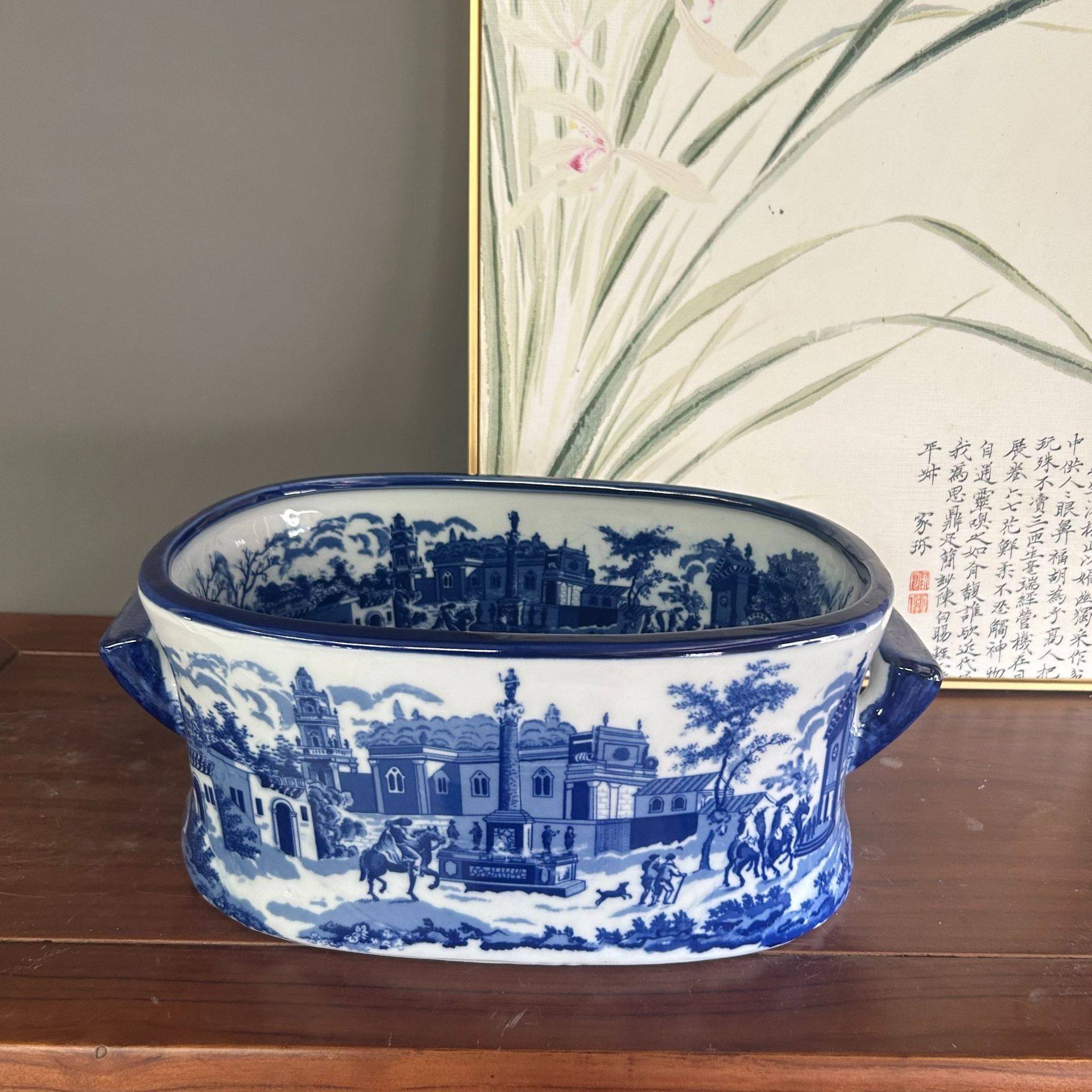 手绘山水青花瓷盆复古陶瓷花盆阳台院子种树大口径置物盆双耳大盆