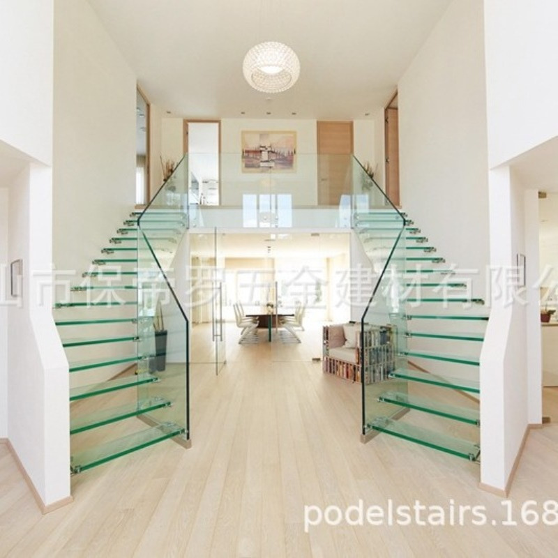 佛山整体现代不锈钢钢化多层超白踏板纯玻璃楼梯扶手栏杆