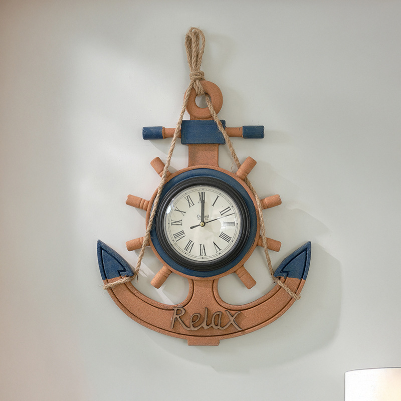 地中海船锚复古墙壁挂钟客厅木质船舵时钟酒吧做旧装饰品创意钟表