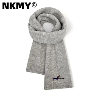 nkmy围巾保暖秋冬韩系氛围感针织高级感小狗刺绣灰色披肩2025新款