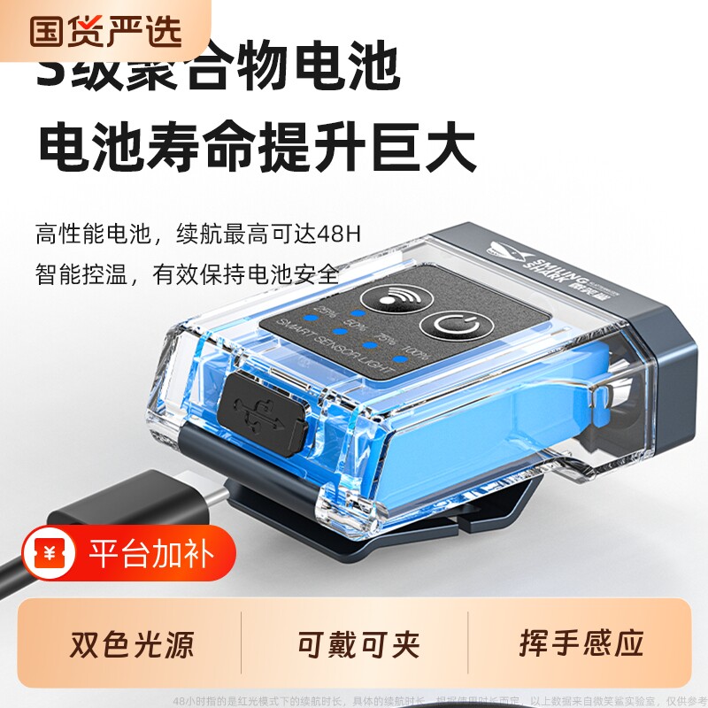 微笑鲨头灯钓鱼专用强光超亮感应帽夹灯充电超长续航钓鱼灯夜钓灯