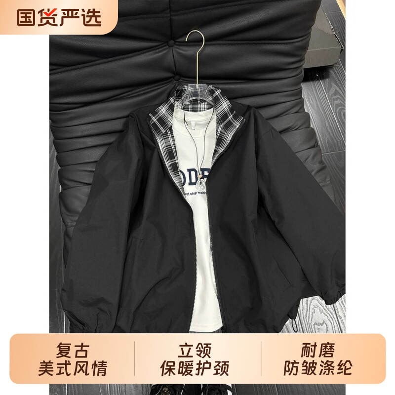 cleanfit格子拼接夹克男款秋季无帽翻领棒球服高级感情侣开衫外套图片