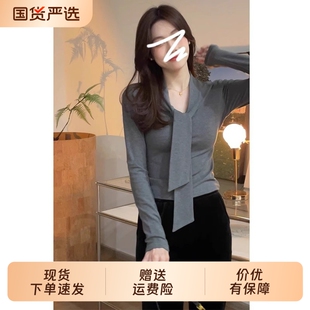 长袖女款洋气感打底衫V领新款女装修身显瘦秋装黑色t恤百搭上衣
