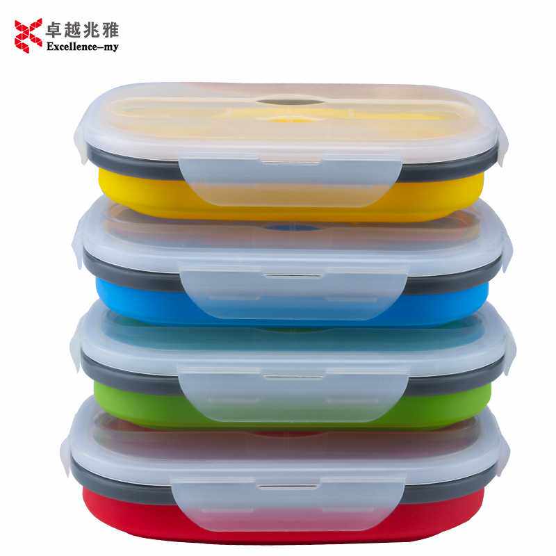 便当盒 硅胶饭盒便携式可折叠饭盒带叉勺一体保鲜盒密封汤盒图片