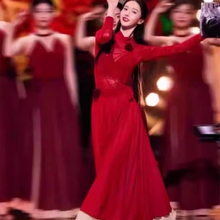 金晨卜挂同款古典舞蹈服女年会民族舞红色大摆裙新款演出服女套装