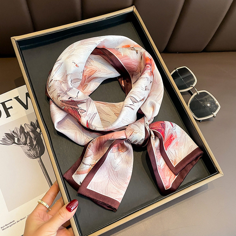 韩版春夏季粉色花瓣双层高档桑蚕丝真丝丝巾飘带女护颈细窄领巾