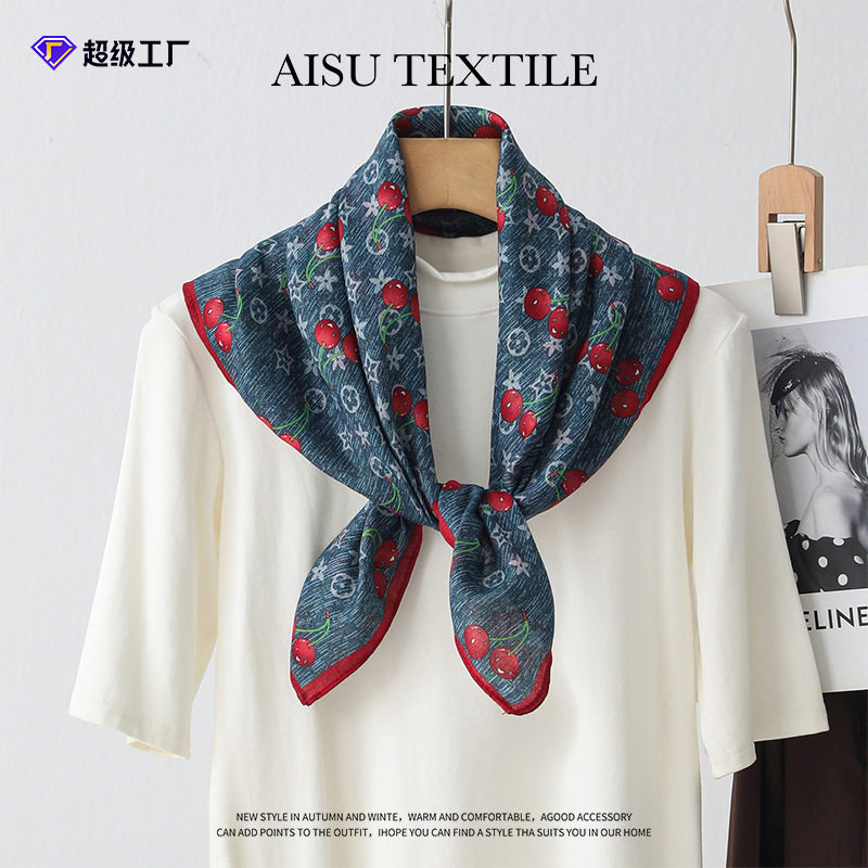 春夏设计款高级感方巾丝绒人字纹双面丝巾65cm大牌樱桃印花丝巾女