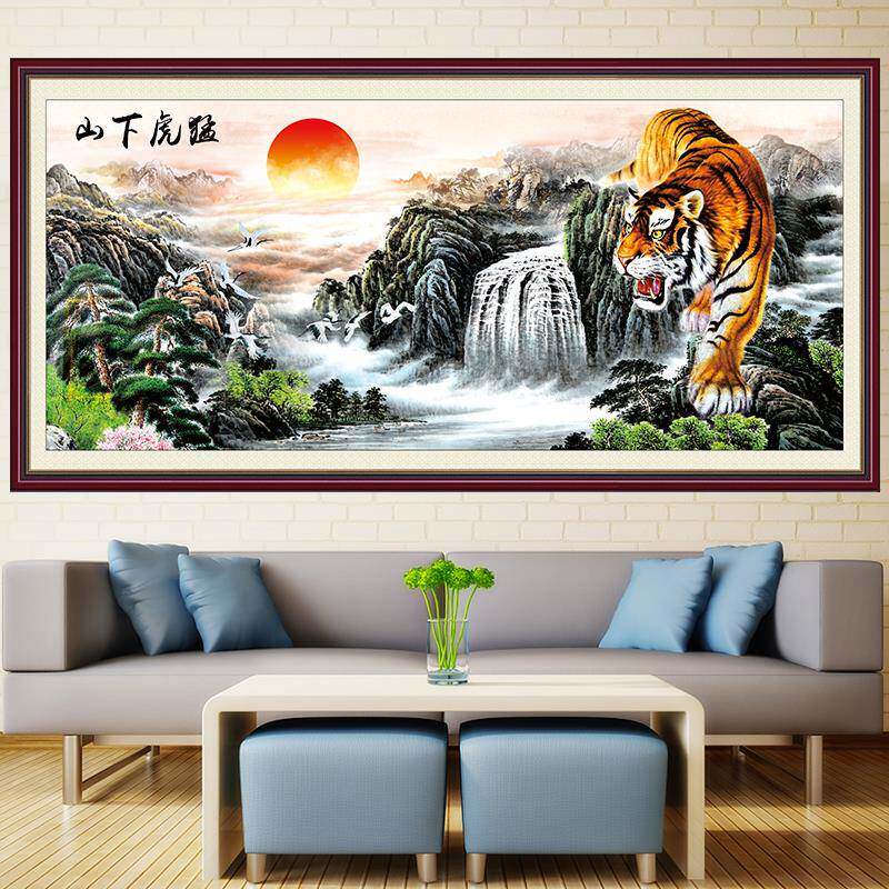 猛虎下山壁画画自粘油画画布五虎图上山水沙发背景客厅装饰画画威