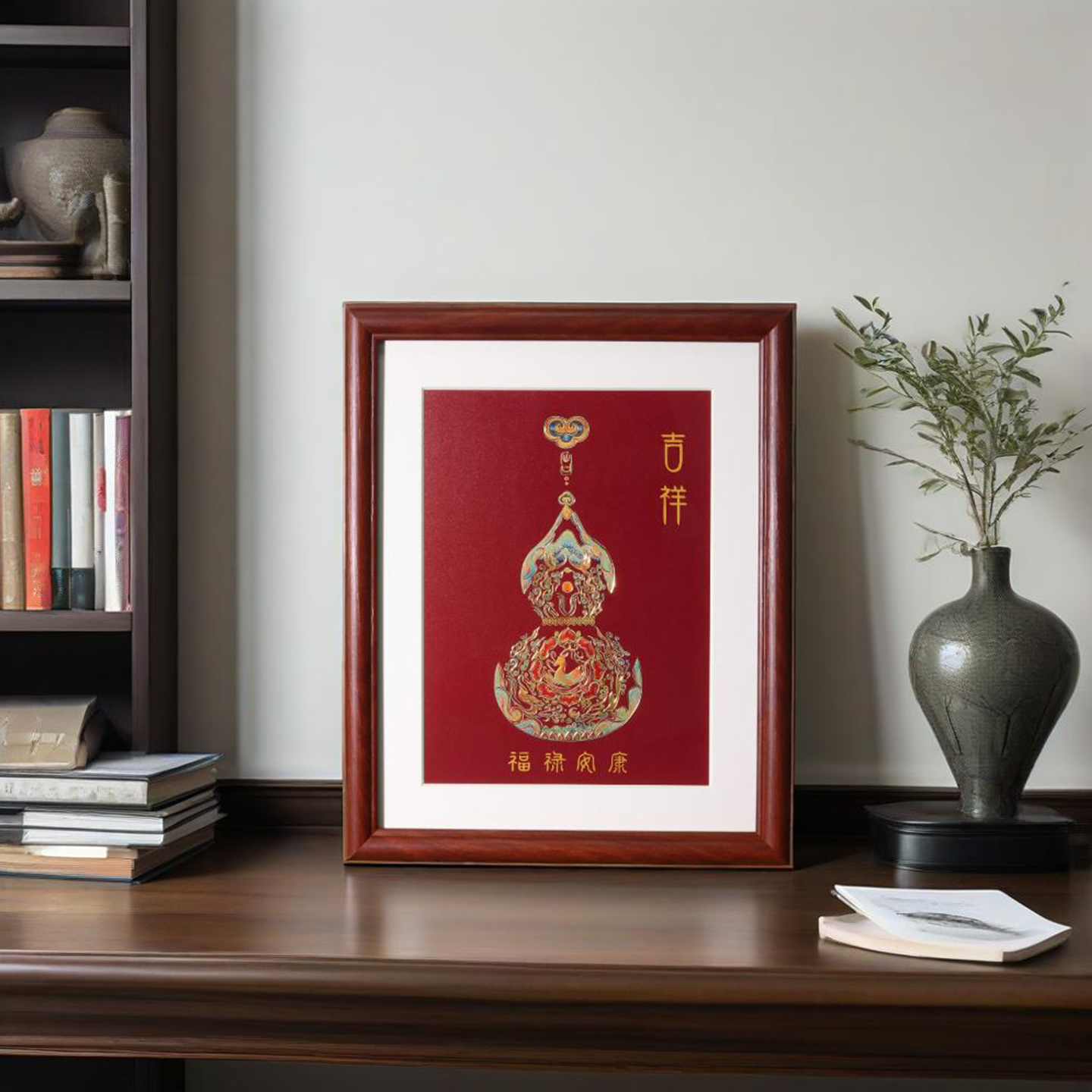 福禄安康铜雕画茶室书房摆台画