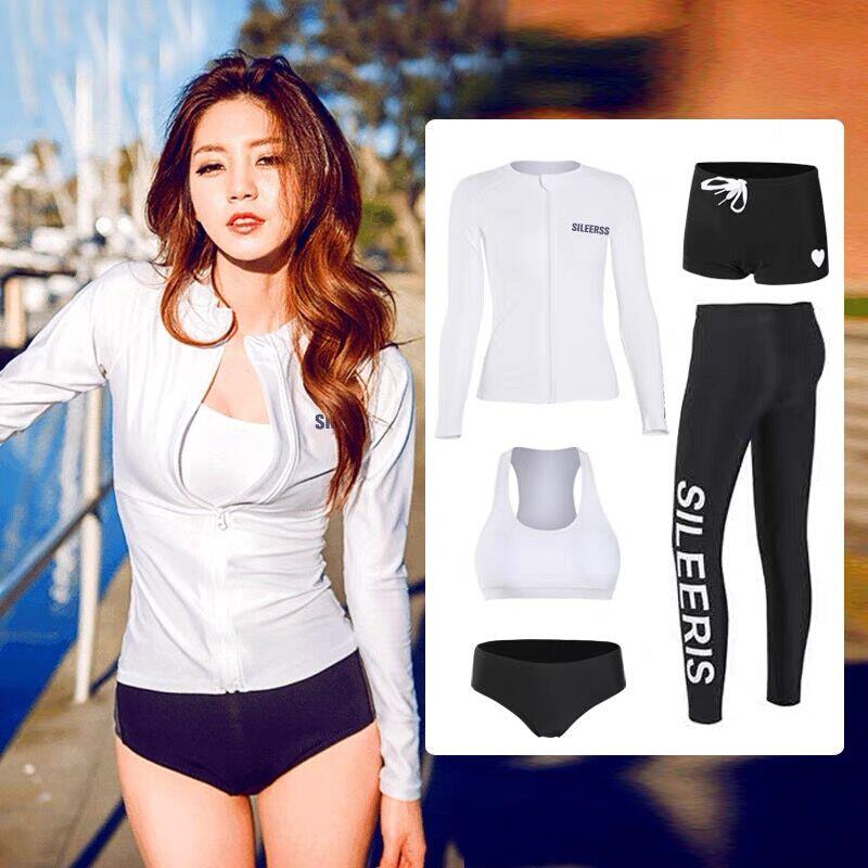 。韩国潜水服五件套女分体浮潜清纯泳衣女长袖防晒速干冲浪服水母