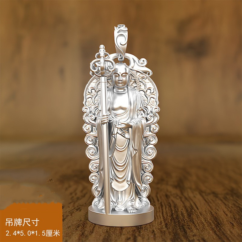 立体地藏纯银吊坠镀银站立菩萨浮项链水晶男佛像银饰摆件新款