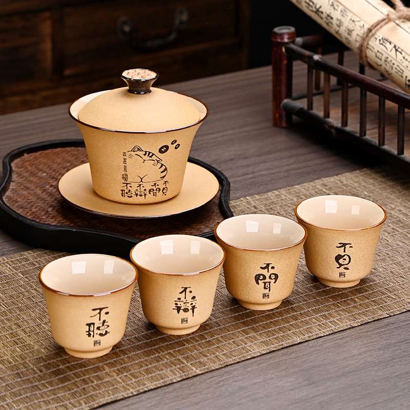 中式猫咪盖碗茶具套装家庭专用茶器复古陶瓷泡茶防烫三才茶碗全套