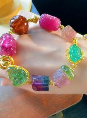 天然碧玺手链雕刻女巴西老矿彩虹粉色猫眼西瓜马卡龙碧玺单圈手串