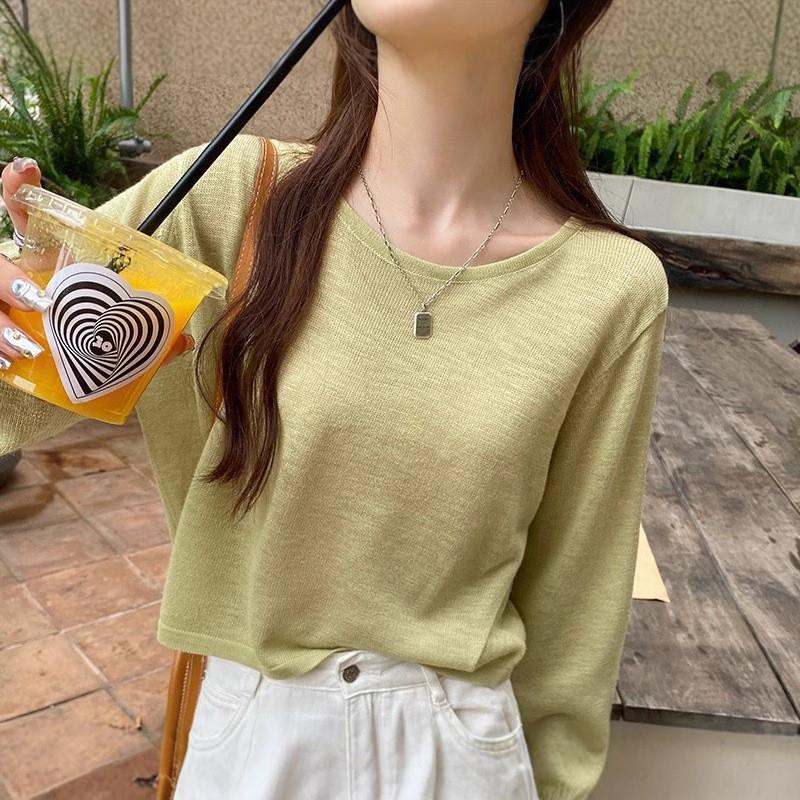 针织衫女夏季2025新款防晒罩衫薄款针织上衣外搭宽松长袖圆领t恤