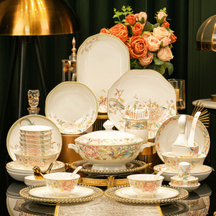 宾晏骨瓷碗家用高颜值乔迁新婚餐具高档礼盒景德镇陶瓷碗盘筷套装