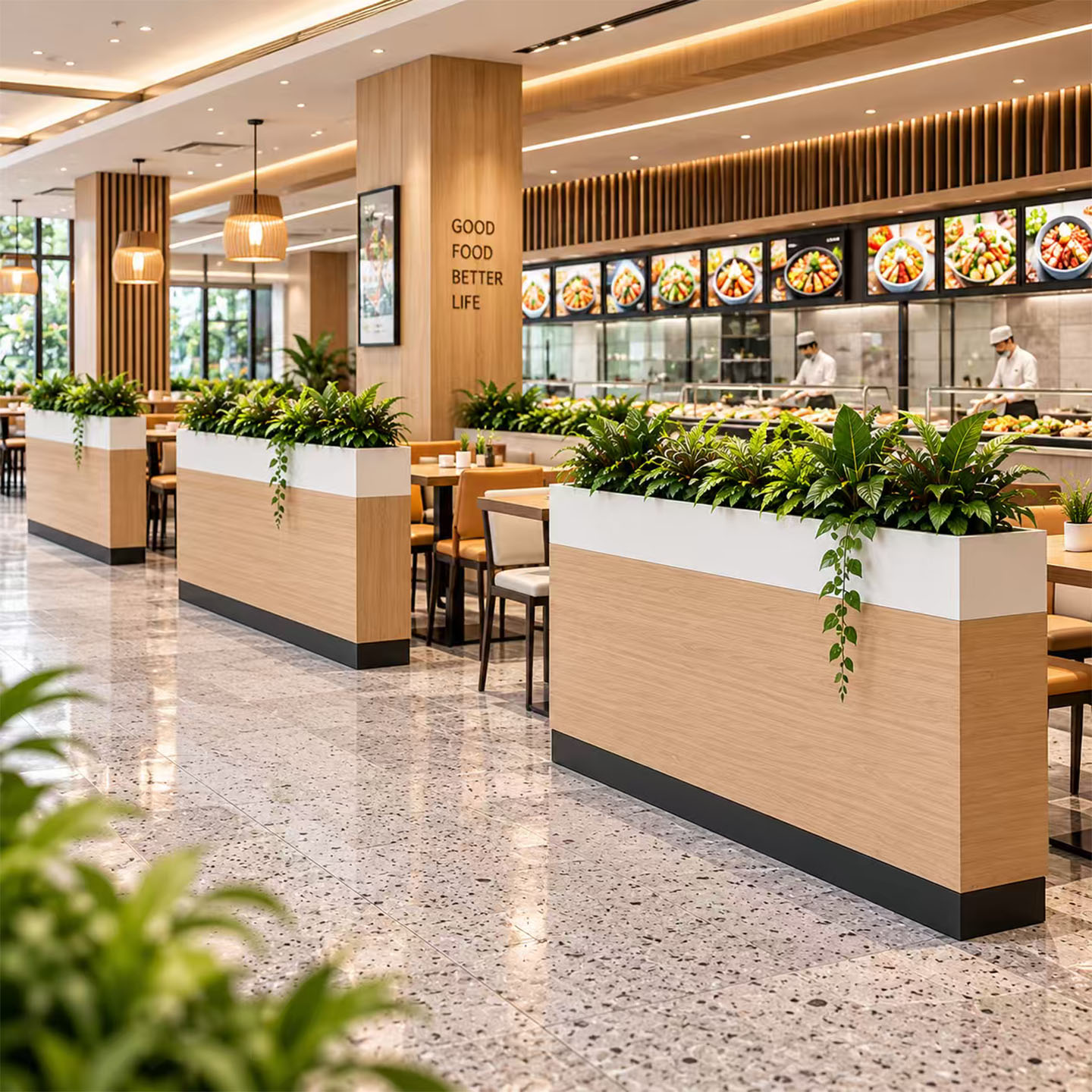 餐厅屏风木纹花箱隔断定制图片