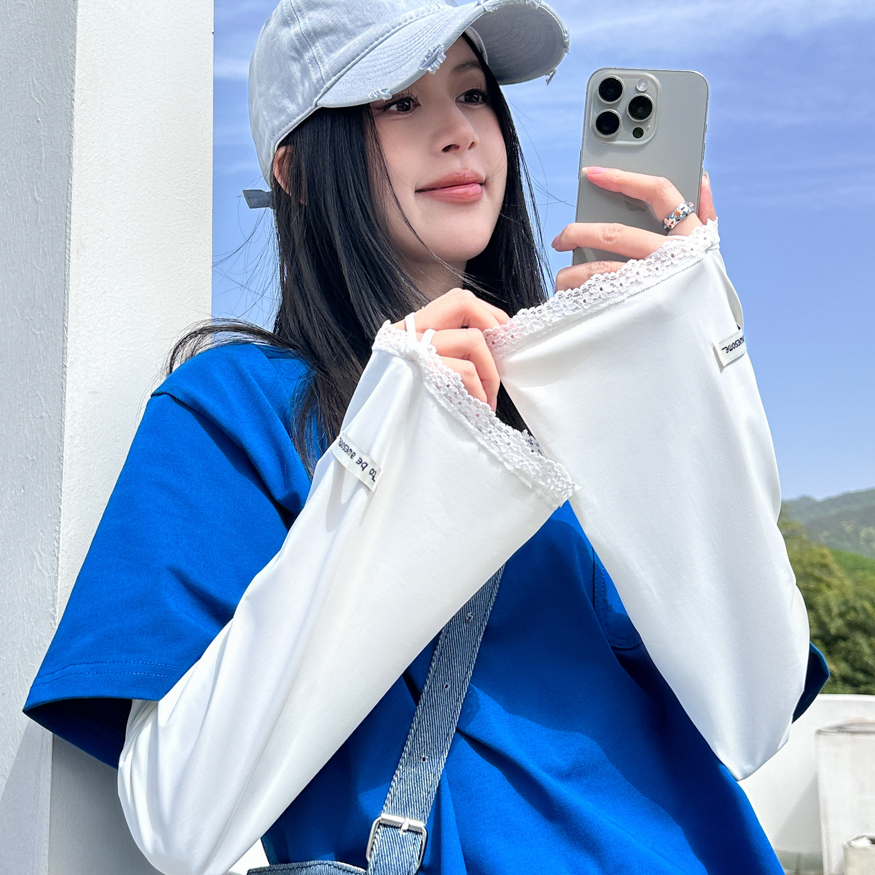 夏季宽松蕾丝防晒袖套女长款冰袖户外开车骑行UPF50+遮阳护手臂套