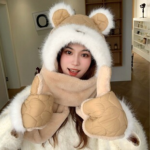 可爱羽绒棉小熊手套围巾一体帽新款保暖韩版冬季圆耳朵三件套帽子