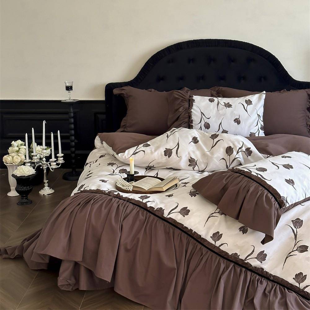 法式复古风长绒棉磨毛四件套加厚花卉数码印花被套花边床品