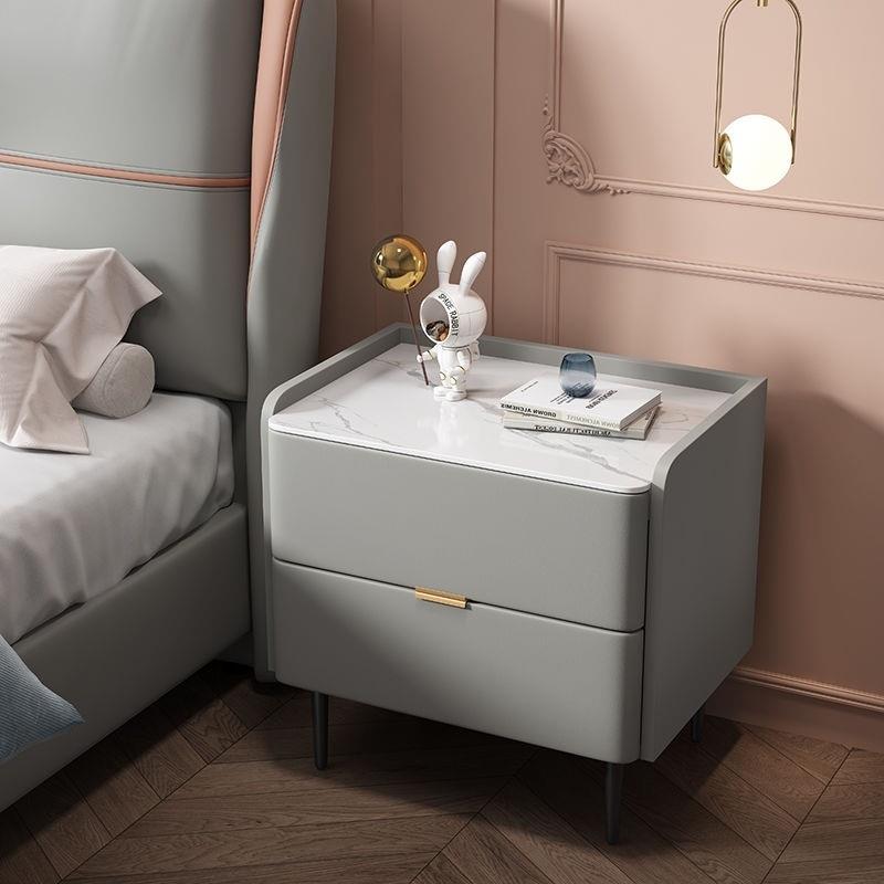 实木床头柜网红奶油风轻奢岩板皮质极简约现代卧室床边收纳储物柜